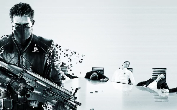 Syndicate video game 4K Ultra HD PC desktop wallpaper: masked operative with rifle left, digital fragments; corporate executives at a conference table right, high-contrast monochrome.