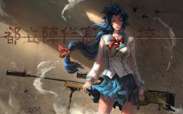 Anime Full Metal Panic! School Uniform Skirt Long Hair Red Eyes Blue Hair Sniper Rifle Weapon HD Wallpaper | Background Image
