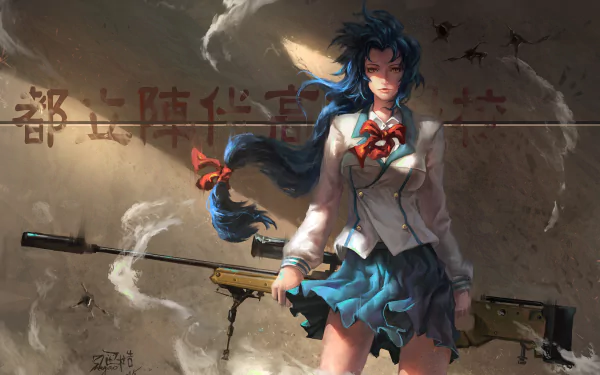 Anime-themed HD wallpaper featuring a character from Full Metal Panic! with long blue hair and red eyes, dressed in a school uniform and holding a sniper rifle.