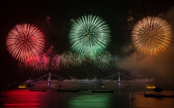 Photography Fireworks Night Bridge Colors Smoke HD Wallpaper | Background Image