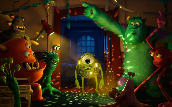 A vibrant 4K Ultra HD wallpaper from the movie Monsters University shows Mike Wazowski and James P. Sullivan dancing at a colorful disco party with friends.