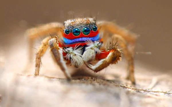 Close-up HD macro image of a colorful jumping spider's eyes and face, captured as a vivid desktop wallpaper and background.