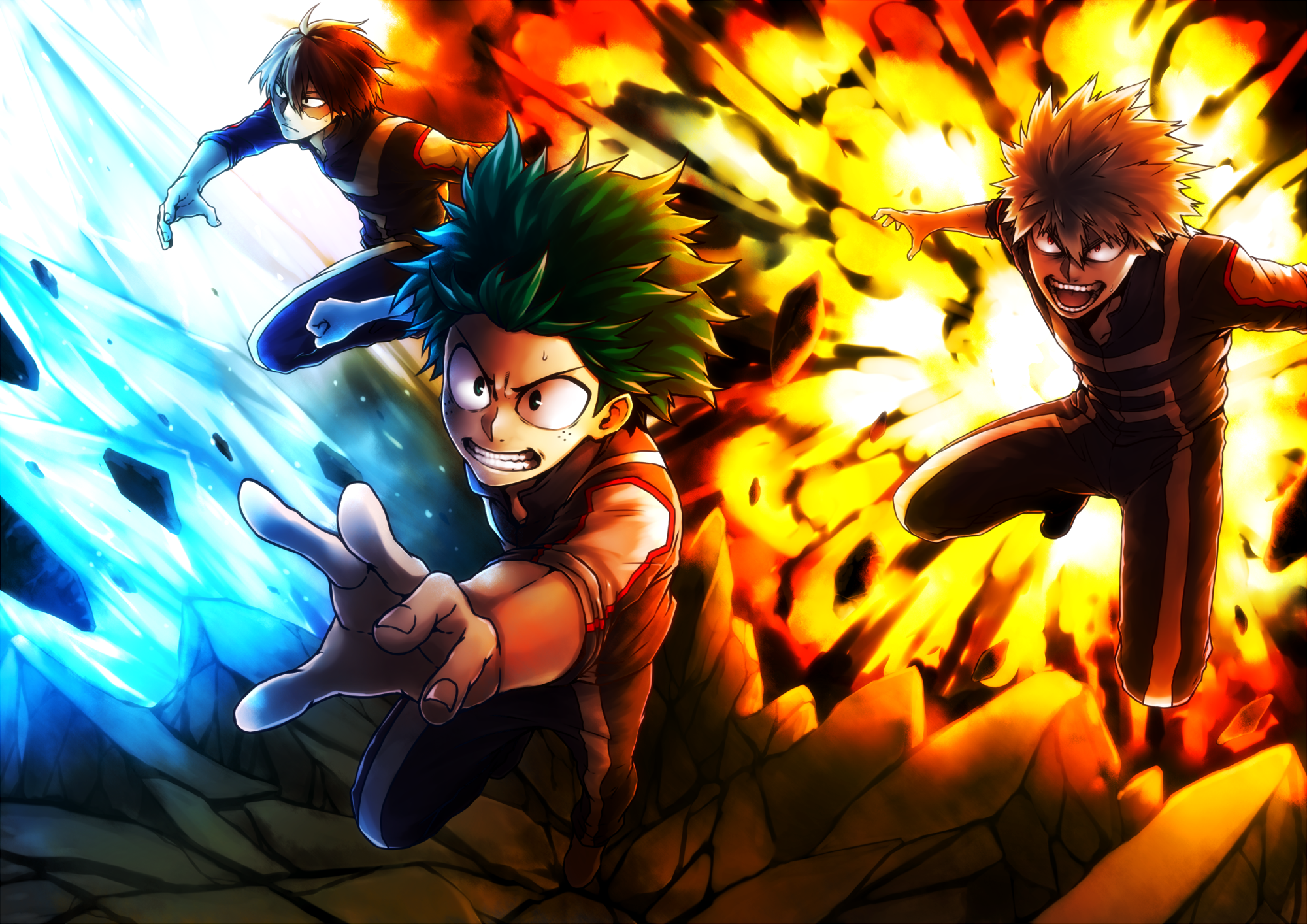 HD desktop wallpaper featuring Katsuki Bakugou, Shoto Todoroki, and Izuku Midoriya from the anime My Hero Academia, showcasing their powers amidst a vibrant, dynamic background of ice and fire.