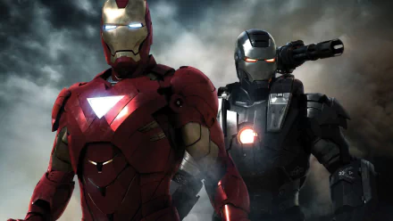 HD PC desktop wallpaper featuring War Machine and Iron Man from the movie Iron Man 2, showcasing their armored suits against a smoky background.