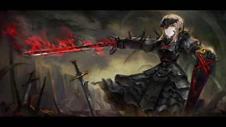 HD wallpaper featuring Saber Alter from Fate/Stay Night, showcasing her in a dark, battle-ready pose with a striking red sword amidst a dramatic background.