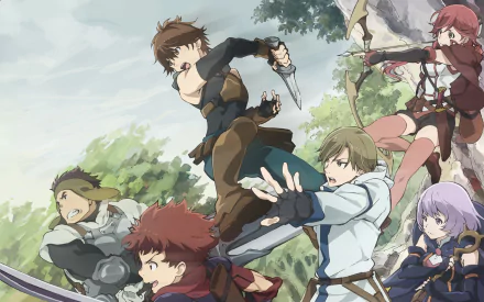 A dynamic scene featuring characters Ranta, Mogzo, Manato, Shihoru, Haruhiro, and Yume from Grimgar of Fantasy and Ash, set in a vibrant, adventurous landscape.
