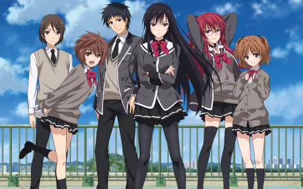 HD PC desktop wallpaper of Girls Beyond the Wasteland featuring anime characters Uguisu Yuuki, Yuuka Kobayakawa, Atomu Kai, Buntarou Houjou, Teruha Andou and Sayuki Kuroda posing on a rooftop.