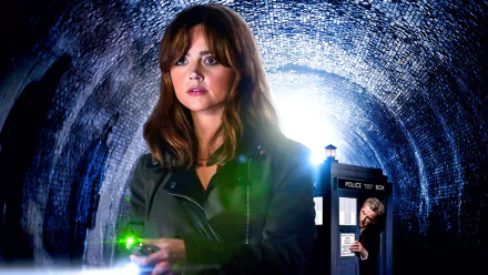 Jenna Coleman as Clara Oswald holding a sonic device, with Peter Capaldi as the Doctor peeking from the TARDIS in a dark tunnel, from Doctor Who (2005) HD wallpaper.