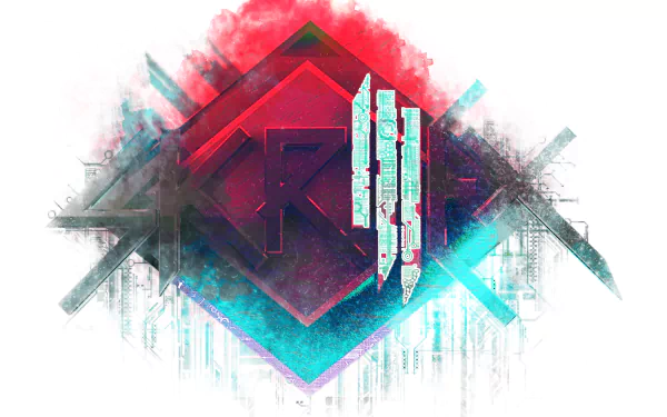 Vibrant HD desktop wallpaper featuring the bold, stylized logo of Skrillex, surrounded by a dynamic burst of colors and geometric shapes, perfect for music fans.