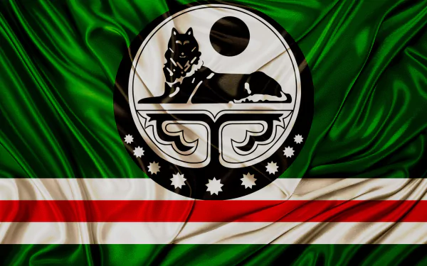 HD PC desktop wallpaper featuring the flag of Chechnya with vibrant green, white, and red stripes and a central emblem of a black wolf on a green background.