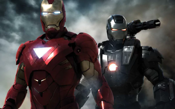 HD PC desktop wallpaper featuring War Machine and Iron Man from the movie Iron Man 2, showcasing their armored suits against a smoky background.