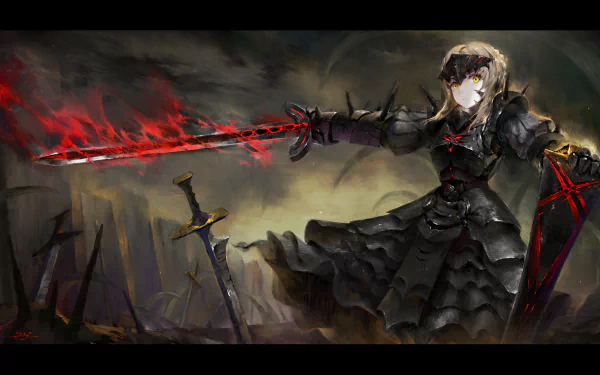 HD wallpaper featuring Saber Alter from Fate/Stay Night, showcasing her in a dark, battle-ready pose with a striking red sword amidst a dramatic background.