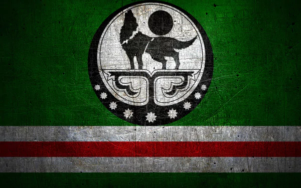 Misc HD PC desktop wallpaper of the Flag of Chechnya: green field with white–red–white horizontal stripes and a central circular emblem showing a wolf over ornamental motifs on a distressed texture.