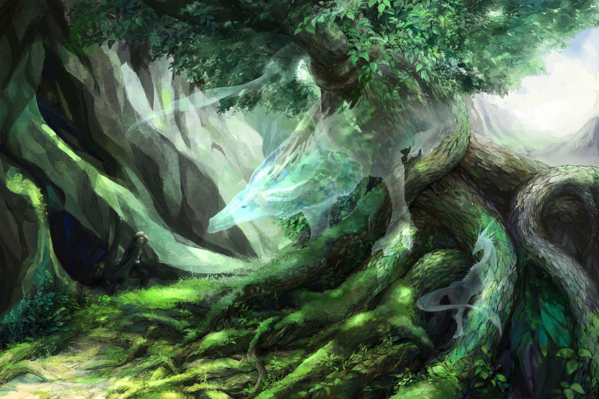 A mystical tree spirit emerges from ancient roots in a fantasy forest, captured in vibrant detail as an HD PC desktop wallpaper background.