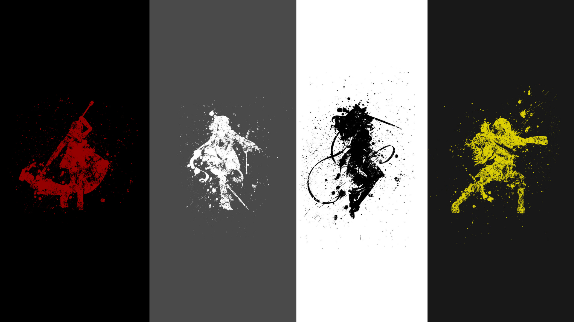 A striking HD wallpaper featuring characters from the anime RWBY, displayed in vibrant splashes of red, white, black, and yellow against a minimalist background.