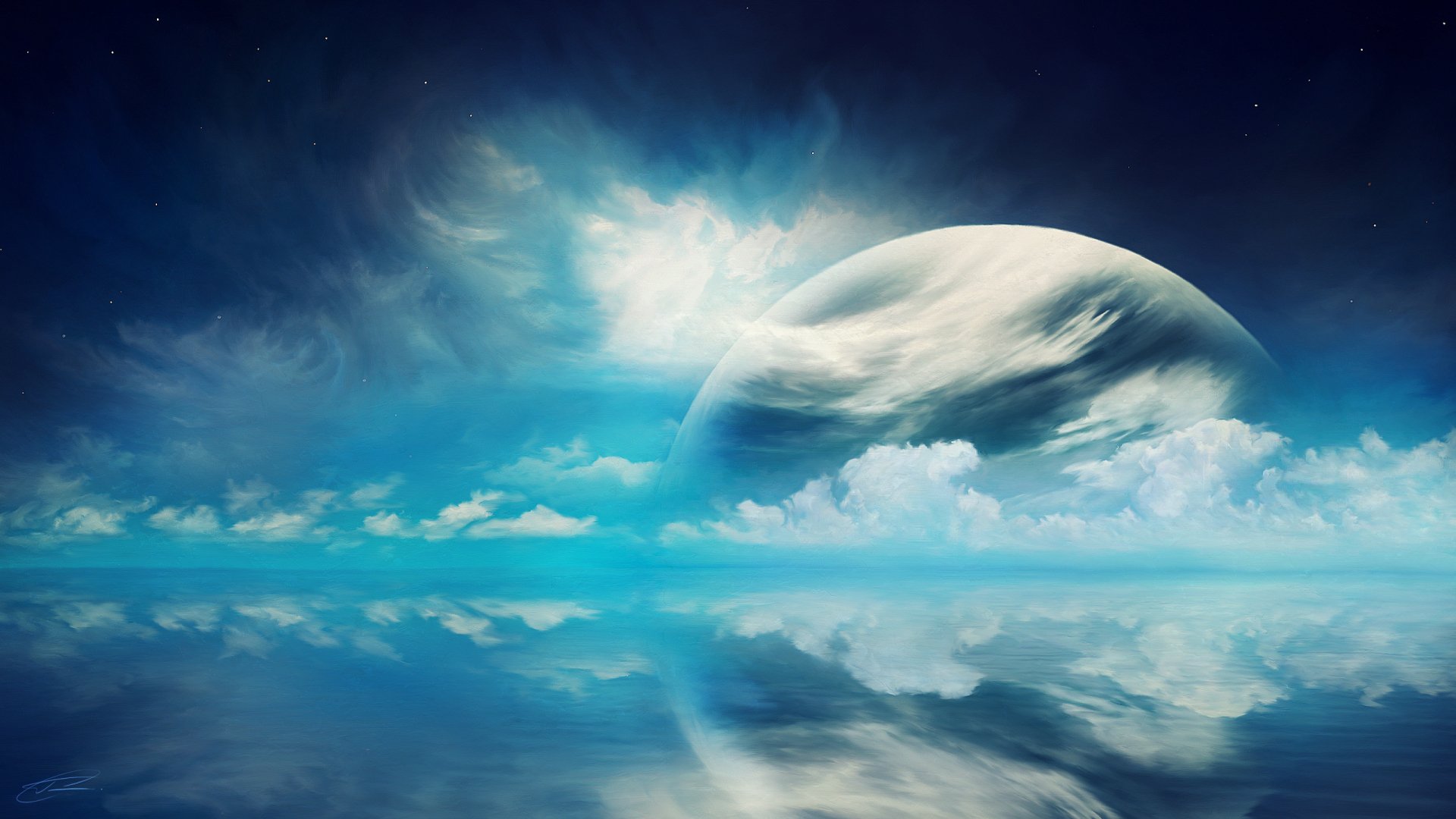 Download Painting Horizon Planet Rise Cloud Planet Sky Blue Artistic