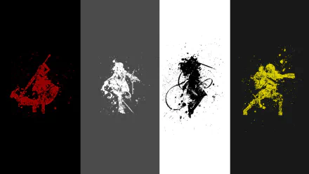 A striking HD wallpaper featuring characters from the anime RWBY, displayed in vibrant splashes of red, white, black, and yellow against a minimalist background.