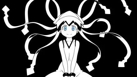 Ika Musume (Squid Girl) anime character with flowing tentacle-like ribbons and blue eyes on a stark black-and-white field — 2K Quad HD PC desktop wallpaper and background.