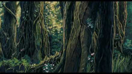 Anime Laputa: Castle in the Sky HD PC desktop wallpaper — lush mossy forest with towering trunks, tangled vines and small pale flowers.