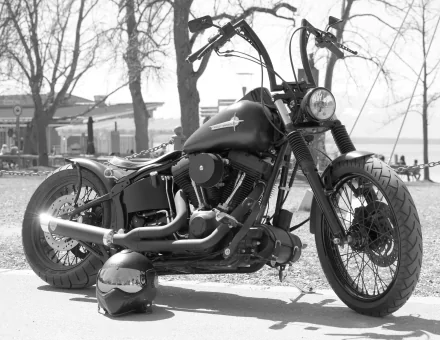 Black and white 4K Ultra HD wallpaper of a Harley-Davidson motorcycle with a helmet resting nearby, parked outdoors with trees and buildings in the background.