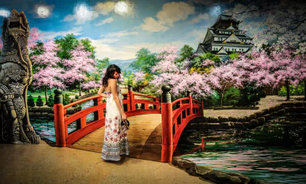HD artistic PC wallpaper featuring a serene Japanese garden in spring with blooming cherry blossoms, a red wooden bridge, and a traditional castle in the background.