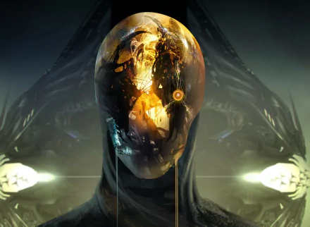 HD sci-fi desktop wallpaper featuring an eerie, biomechanical creature with a translucent, glowing skull encased in a dark, futuristic environment.