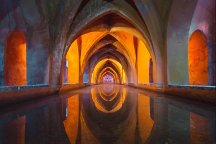 Seville water reflection arch religious architecture HD Desktop Wallpaper | Background Image