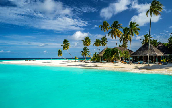 Tropical Maldives beach with turquoise ocean, palm trees, and huts along the horizon under a vibrant cloudy sky, captured in HD photography for a desktop wallpaper.