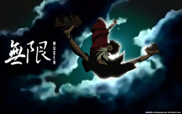 HD anime desktop wallpaper featuring Mugen from Samurai Champloo, dynamically framed against a swirling night sky with bold Japanese calligraphy.