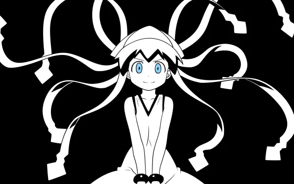 Ika Musume (Squid Girl) anime character with flowing tentacle-like ribbons and blue eyes on a stark black-and-white field — 2K Quad HD PC desktop wallpaper and background.
