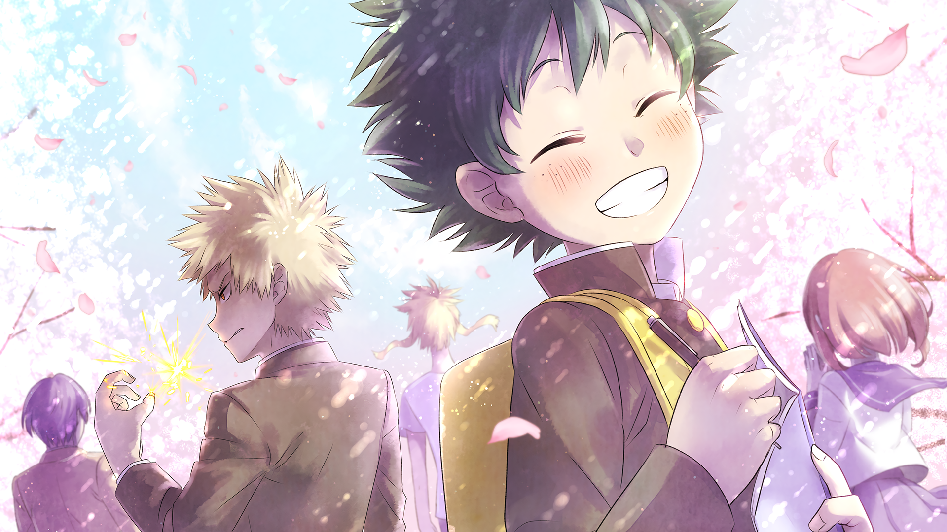 HD desktop wallpaper featuring characters from My Hero Academia, including Izuku Midoriya smiling brightly with his friends Katsuki Bakugou, Tenya Iida, and Ochaco Uraraka, surrounded by cherry blossoms.