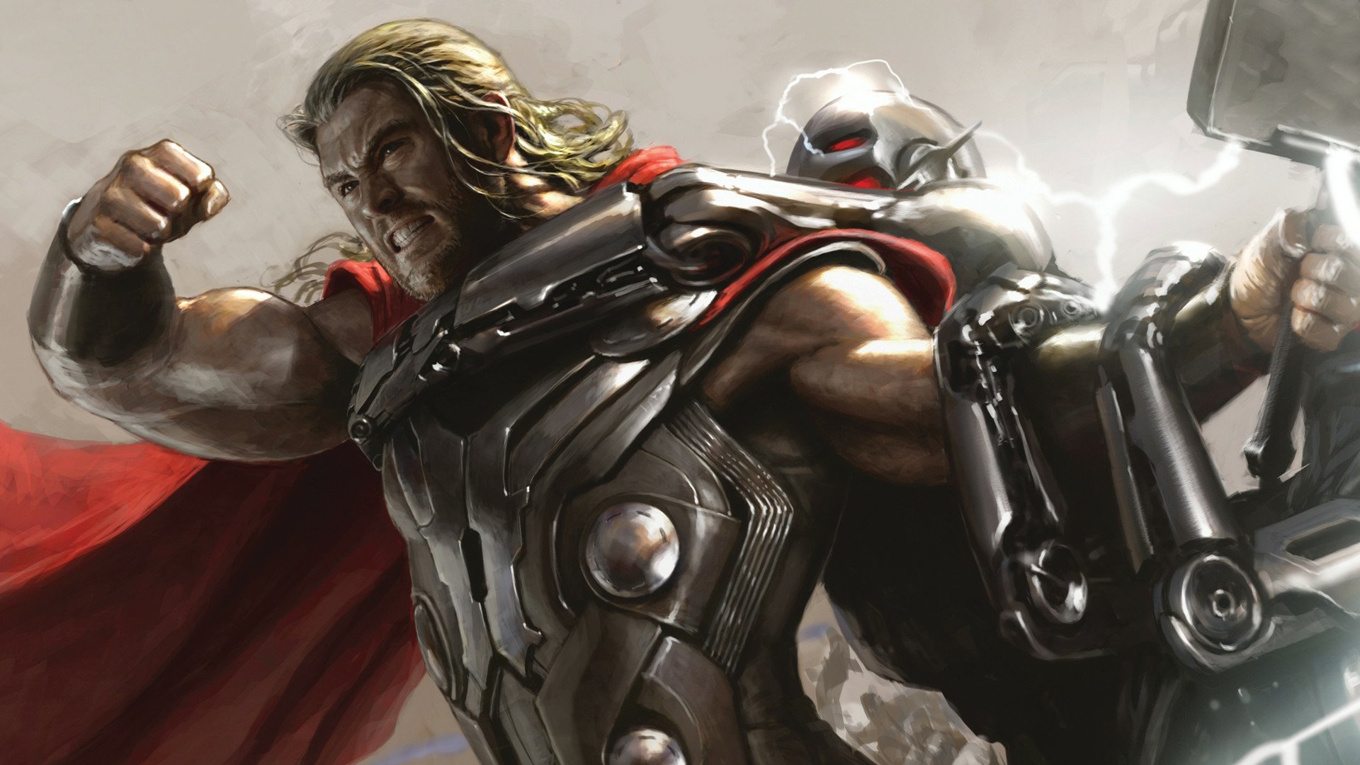 HD PC desktop wallpaper of Thor from the movie Avengers: Age of Ultron, showcasing the superhero wielding his hammer with lightning effects.
