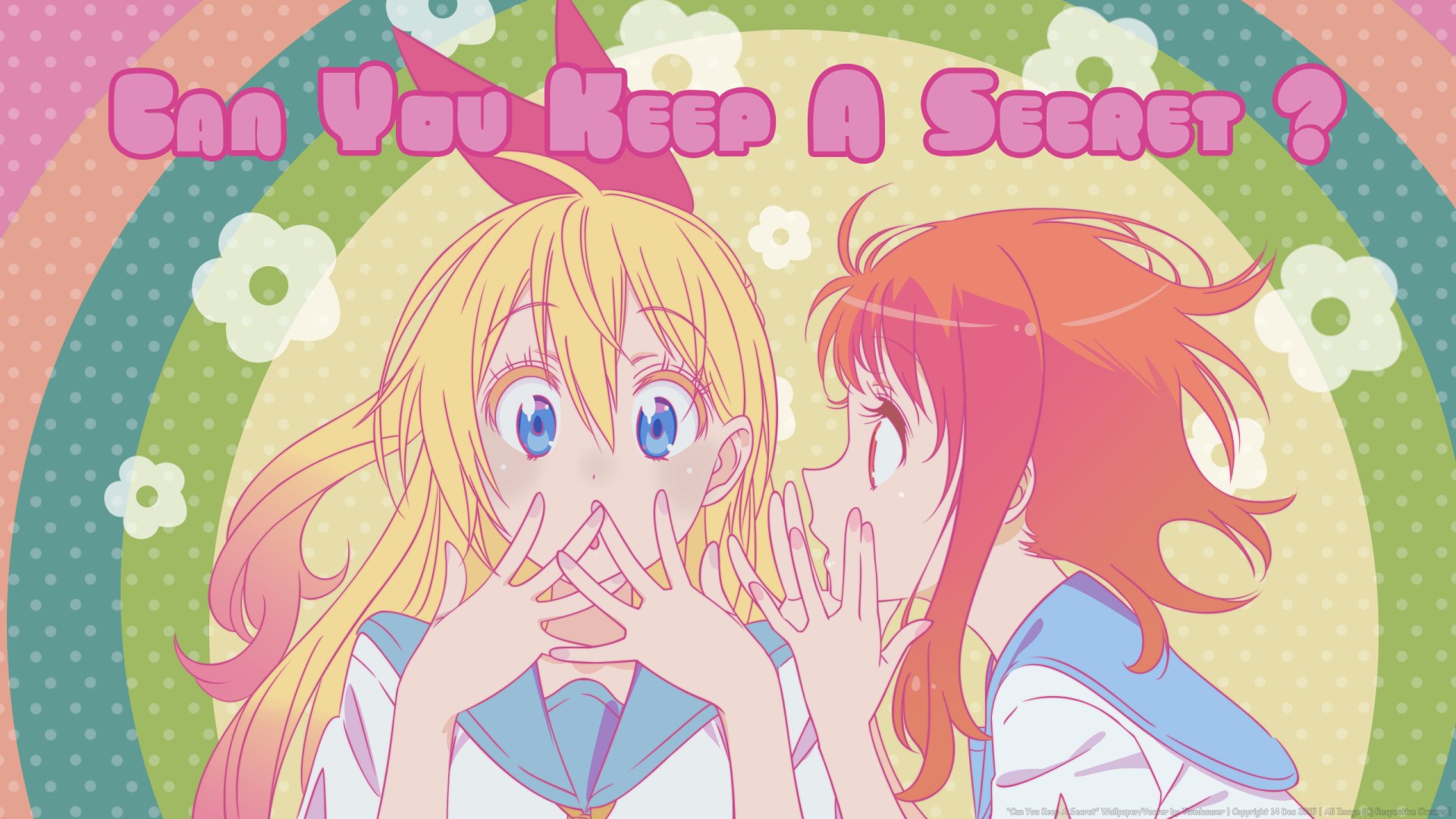 HD PC wallpaper featuring anime characters Kosaki Onodera and Chitoge Kirisaki from Nisekoi, with playful pastel tones and the text Can You Keep A Secret? in pink.