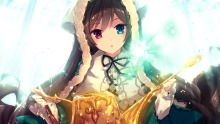 Suiseiseki from *Rozen Maiden* is depicted in this vibrant HD anime wallpaper, showcasing her enchanting presence and captivating eyes amid a magical aura.