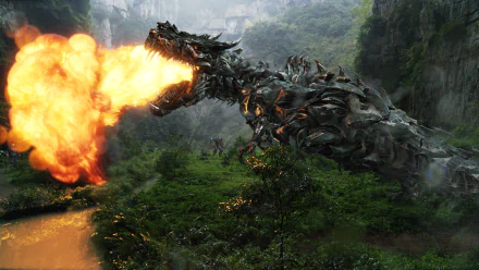 A striking HD wallpaper from *Transformers: Age of Extinction*, featuring a metallic dragon unleashing flames in a lush, green landscape, blending action and fantasy elements.