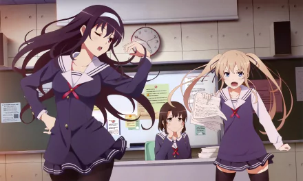 Three female characters in school uniforms from the anime Saekano: How to Raise a Boring Girlfriend pose in a classroom, with a clock on the wall in the background.
