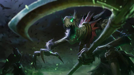 Fiddlesticks from League of Legends looms ominously, brandishing a scythe in a dark, eerie landscape, capturing the essence of this iconic video game character in a striking HD wallpaper.