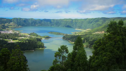 Crater lake and verdant ridges in the Azores, Portugal, captured in vivid 4K Ultra HD photography — tranquil PC desktop wallpaper and background.
