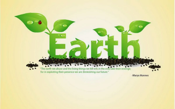 HD desktop wallpaper featuring the word Earth with green leaves and soil, celebrating Earth Day and highlighting environmental awareness.