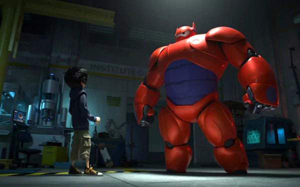 HD desktop wallpaper featuring Hiro Hamada and Baymax from the movie Big Hero 6. They are in a high-tech workshop, with Baymax in his red armor looking at Hiro.