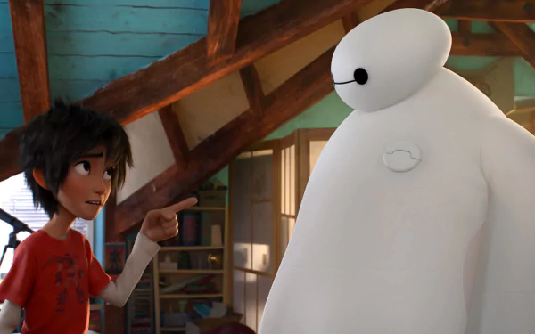 Hiro Hamada pointing and smiling at Baymax in their attic workshop — Big Hero 6 movie HD PC desktop wallpaper/background.