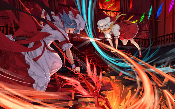 Flandre Scarlet and Remilia Scarlet from Touhou face off in a dynamic magic battle, featuring fangs, pointed ears, red eyes, and a glowing lance in a vivid, fiery setting.