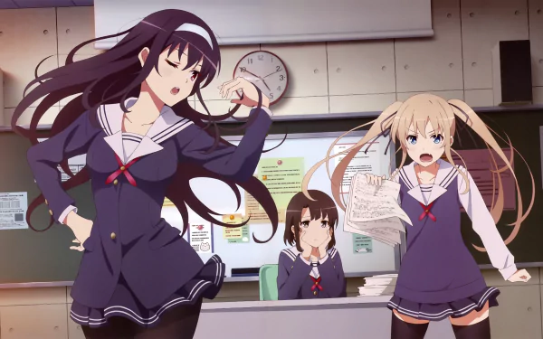 Three female characters in school uniforms from the anime Saekano: How to Raise a Boring Girlfriend pose in a classroom, with a clock on the wall in the background.