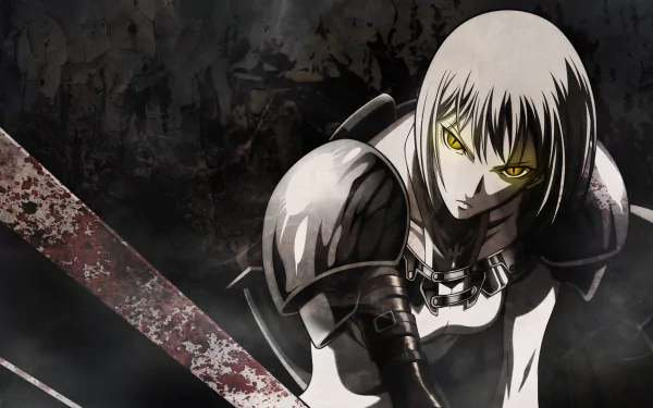 HD PC desktop wallpaper featuring a fierce Claymore anime character with glowing yellow eyes and armor against a dark, grungy background.