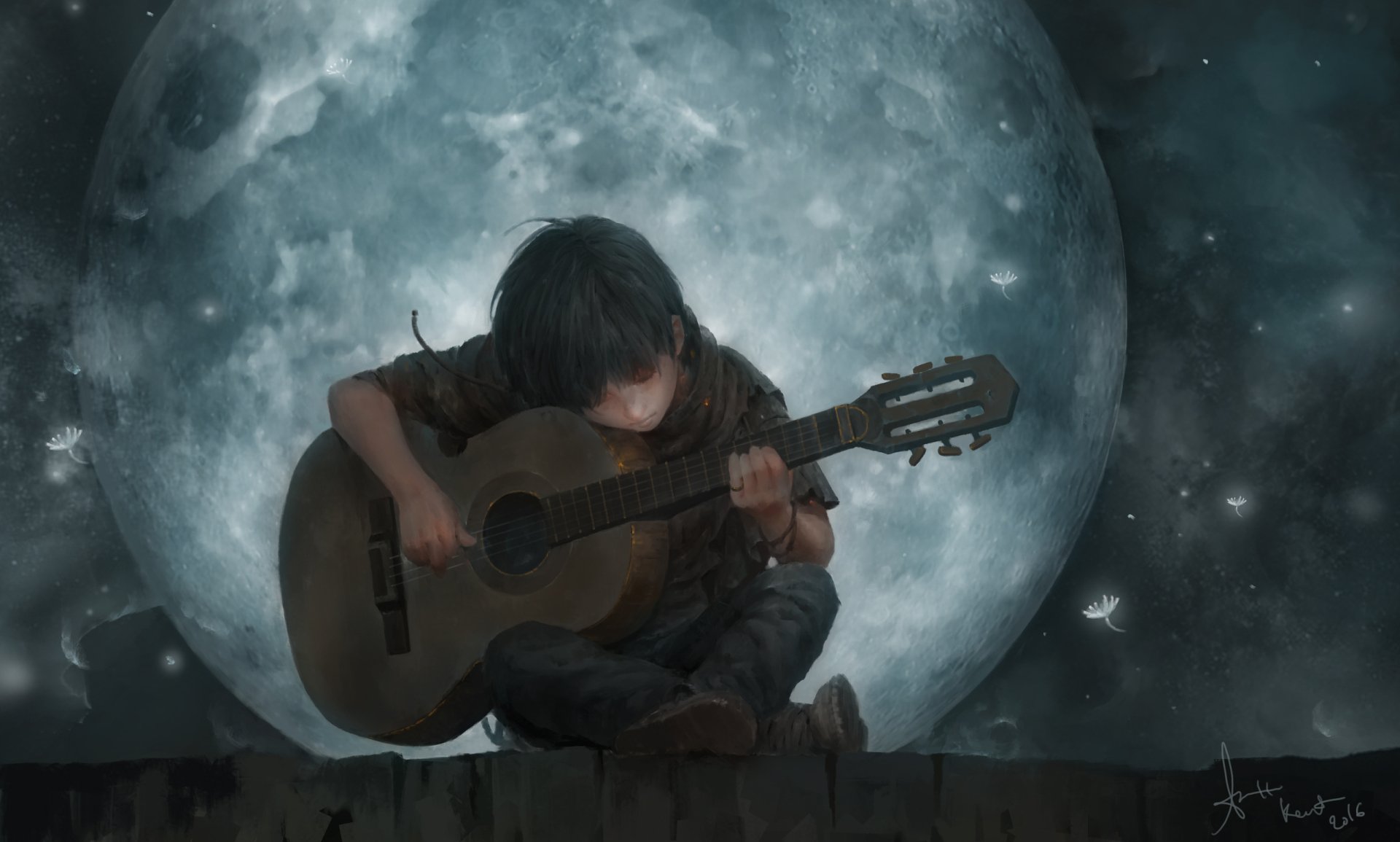 A child sits serenely, playing a guitar under a luminous moon, creating an artistic and enchanting atmosphere. This HD wallpaper captures a moment of tranquility and creativity.