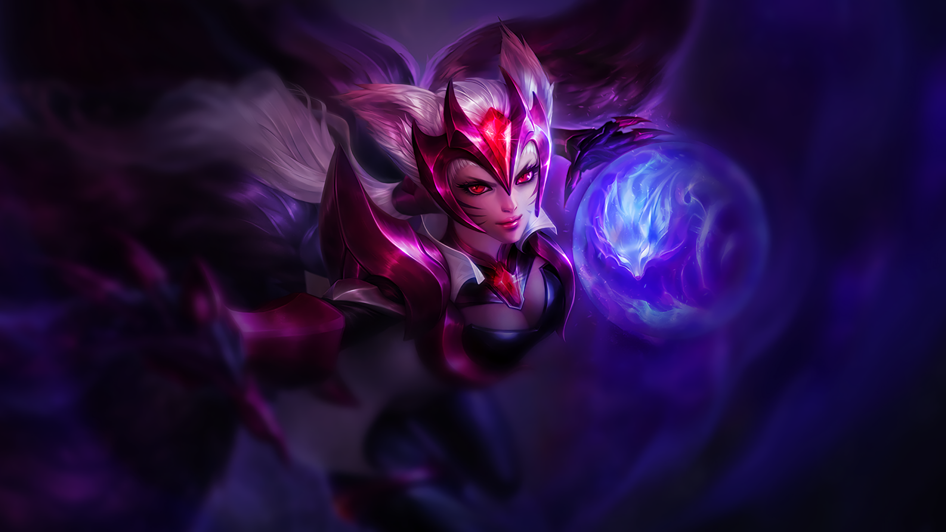 HD PC desktop wallpaper featuring Ahri from League of Legends, showcasing her casting a glowing blue orb in a dark, mystical setting from the video game.
