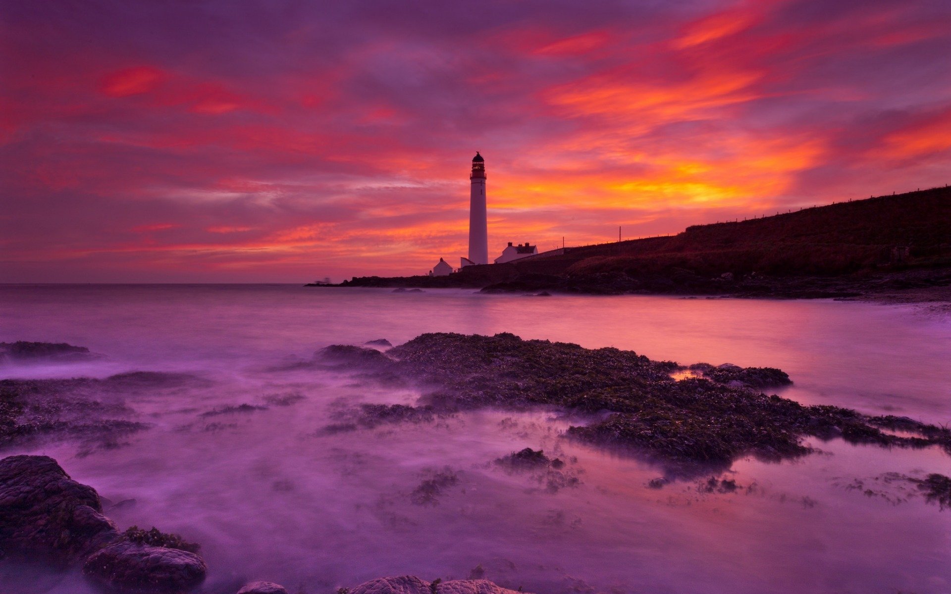 Download Ocean Purple Pink Sky Sunset Man Made Lighthouse HD Wallpaper