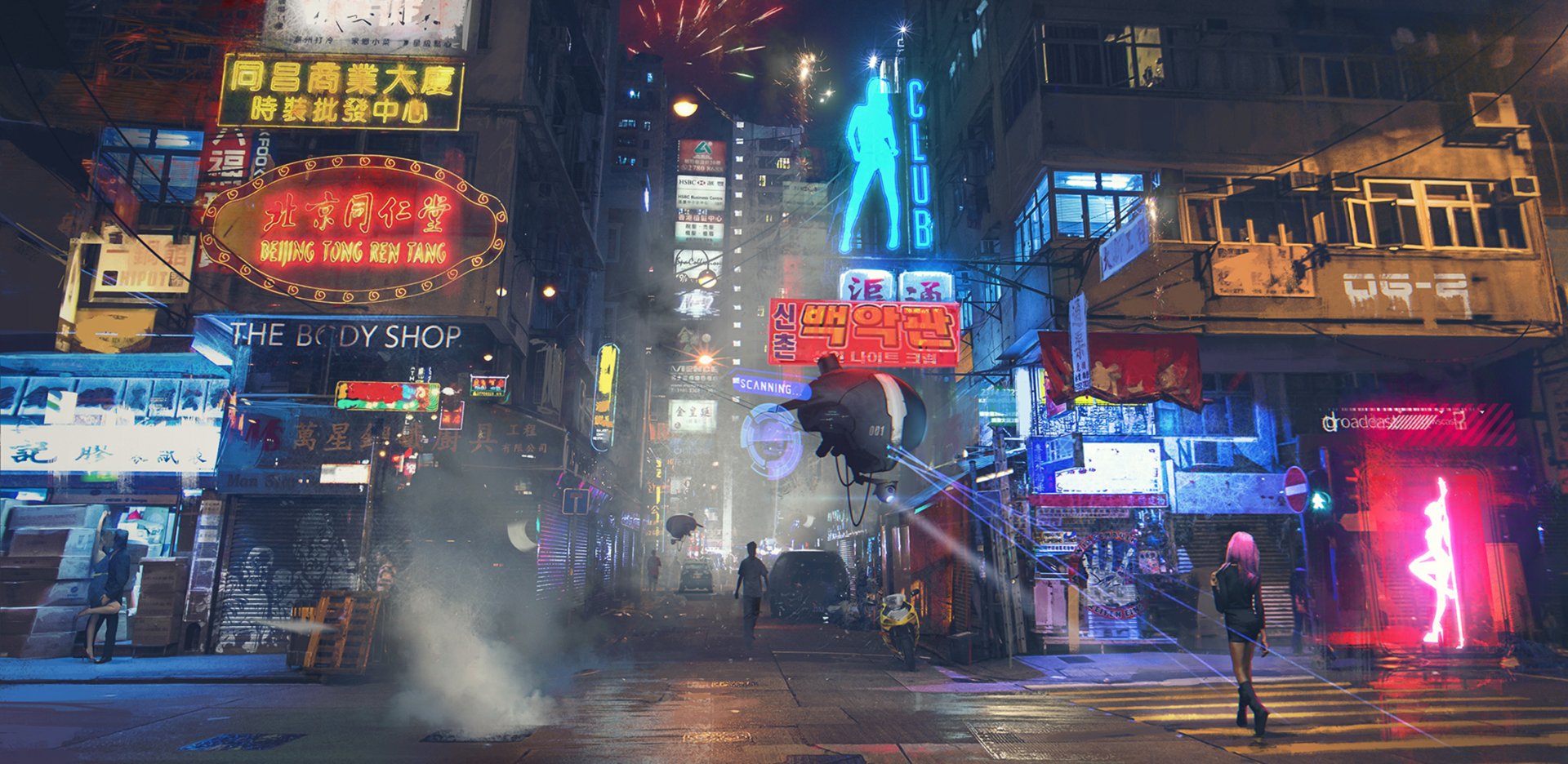 A futuristic city at night, illuminated by vibrant neon lights. A drone hovers above a bustling street filled with tall buildings and a mysterious figure walking through the scene.