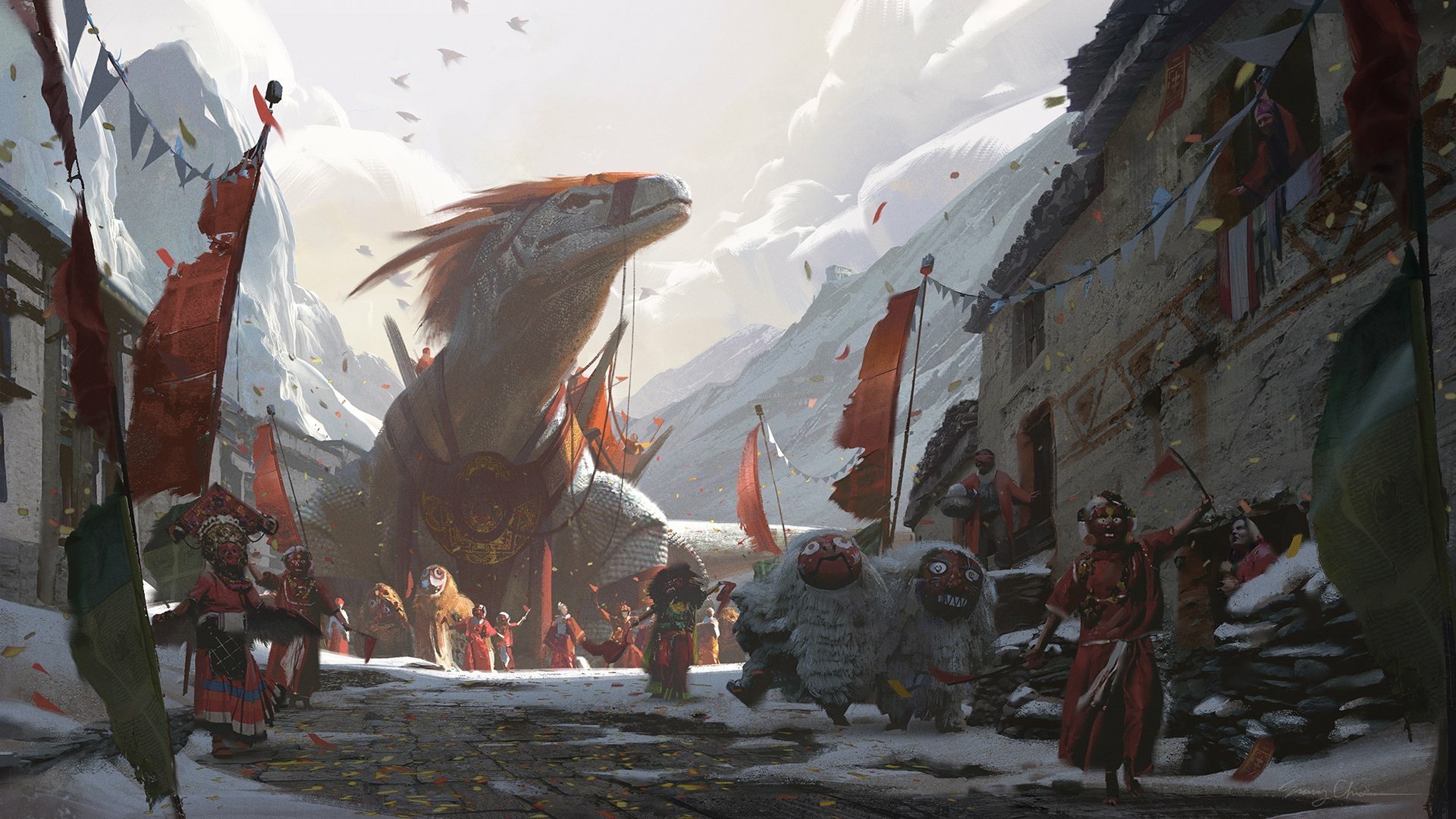 A vibrant fantasy scene featuring a majestic dragon amidst a snowy village, with colorful banners and villagers celebrating. An inspiring HD wallpaper for fans of dragons and fantasy art.