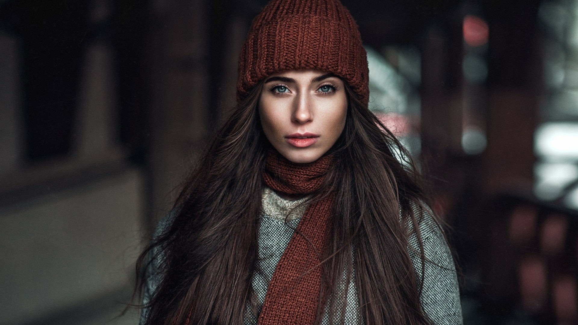 Download Brunette Hat Blue Eyes Scarf Woman Model HD Wallpaper by Maks Kuzin